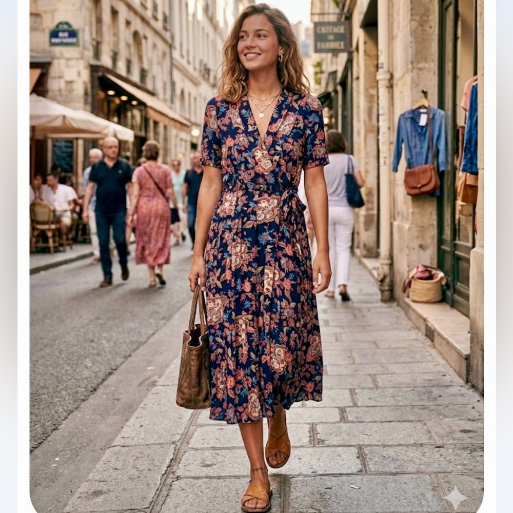 Vintage Navy Floral Midi Dress